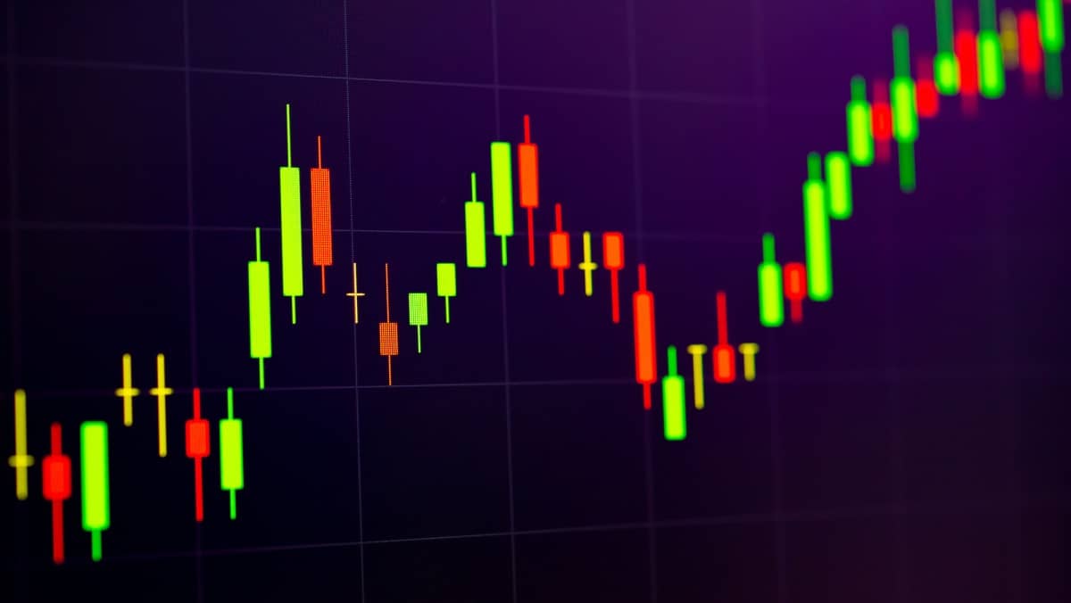 Vibrant red and green patterns on a stable trading chart indicating a positive upward trend