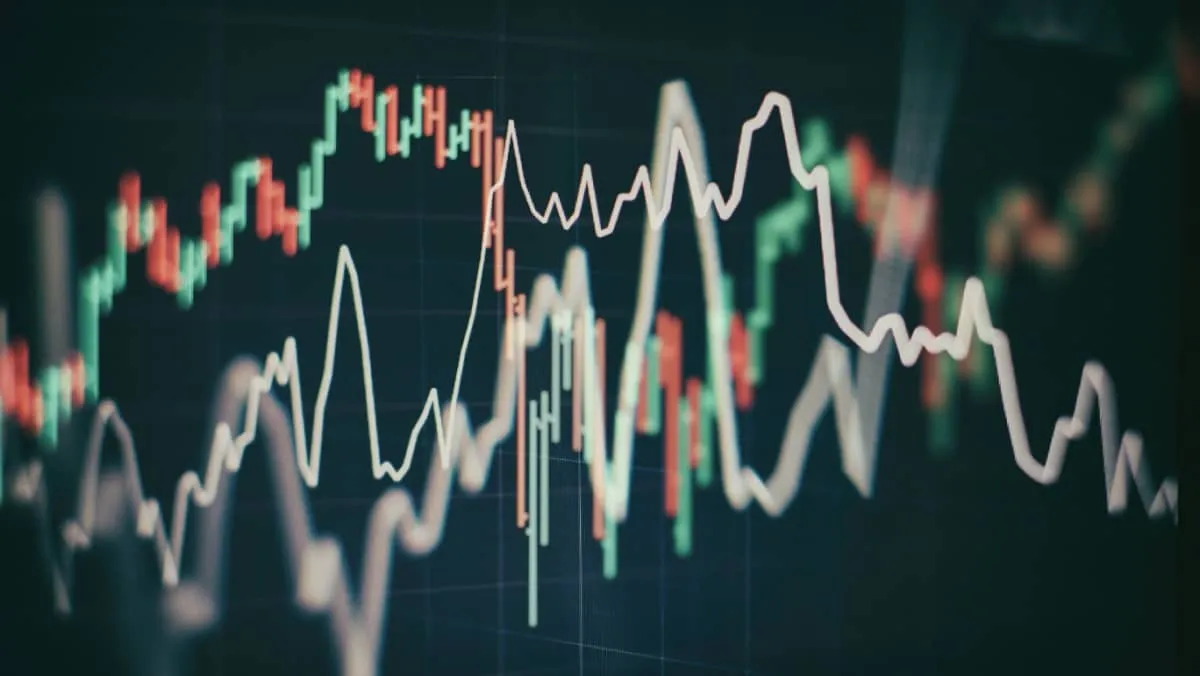 Digital screen with red and green candlestick charts illustrating both upward and downward trends