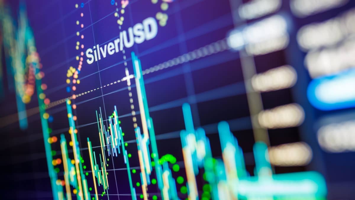 Close up shot of a screen displaying real time Silver USD commodity market data