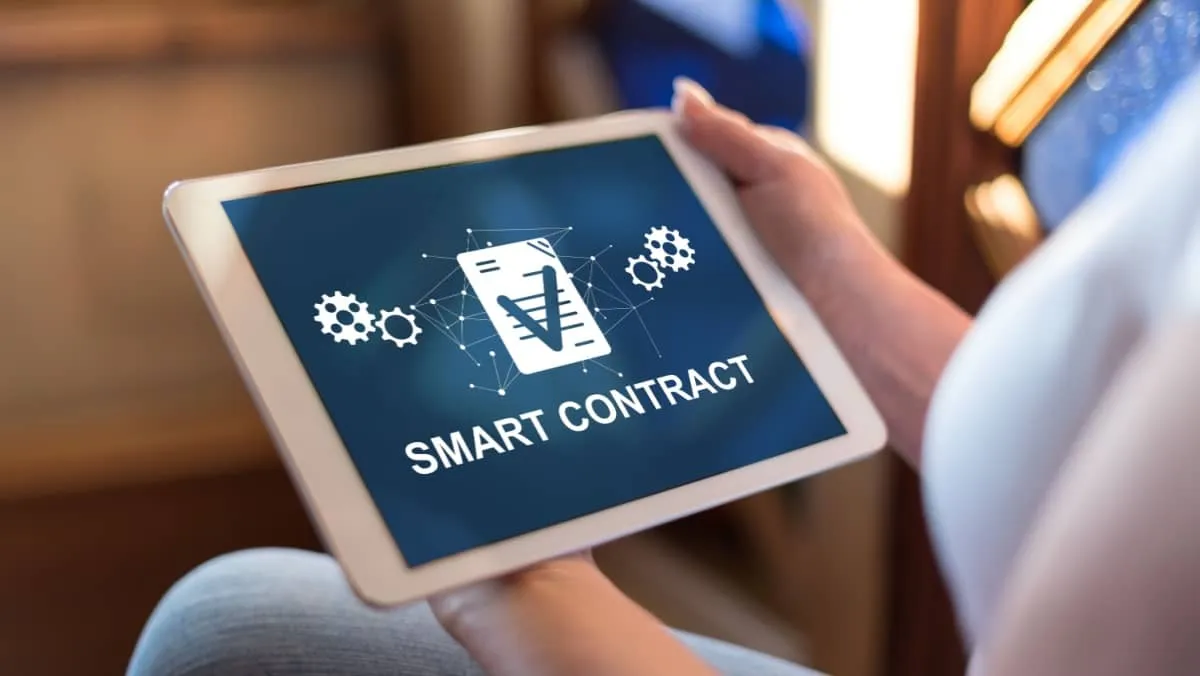 Woman displaying a smart contract concept on her tablet in a digital illustration