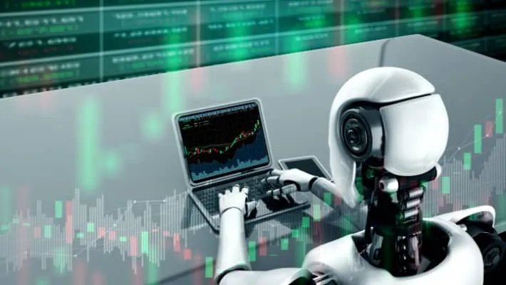 An AI robot engaged in trading activities on a laptop positioned on a table