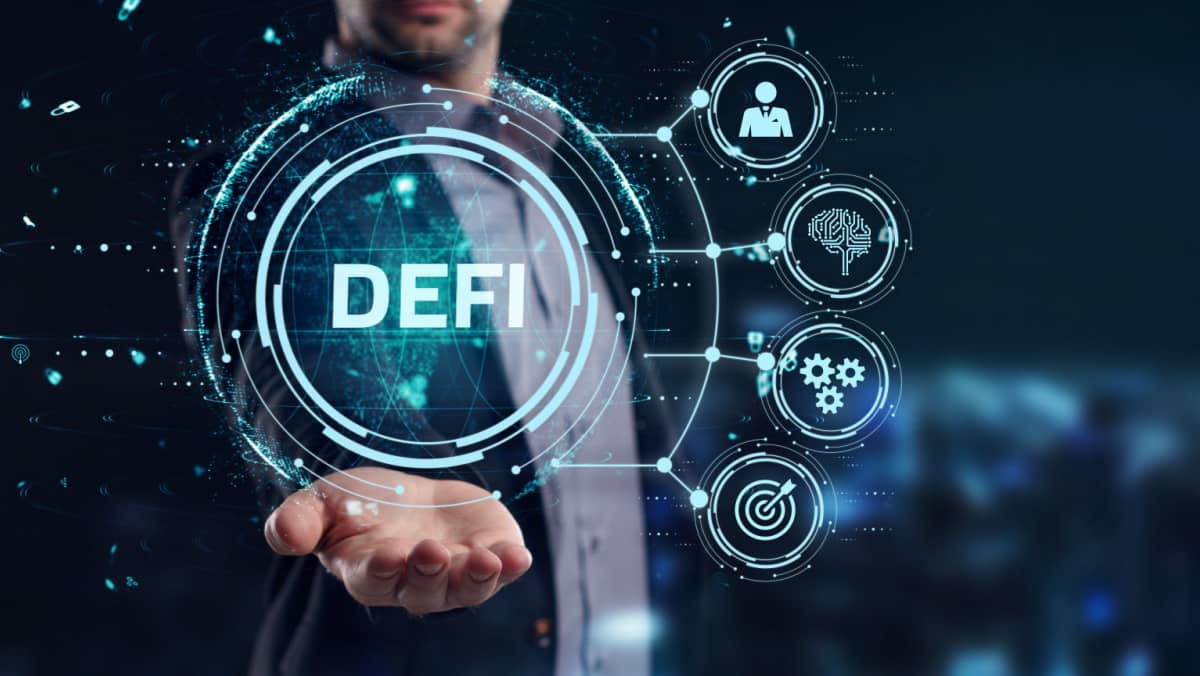 DeFi Decentralized Finance on dark blue abstract polygonal background