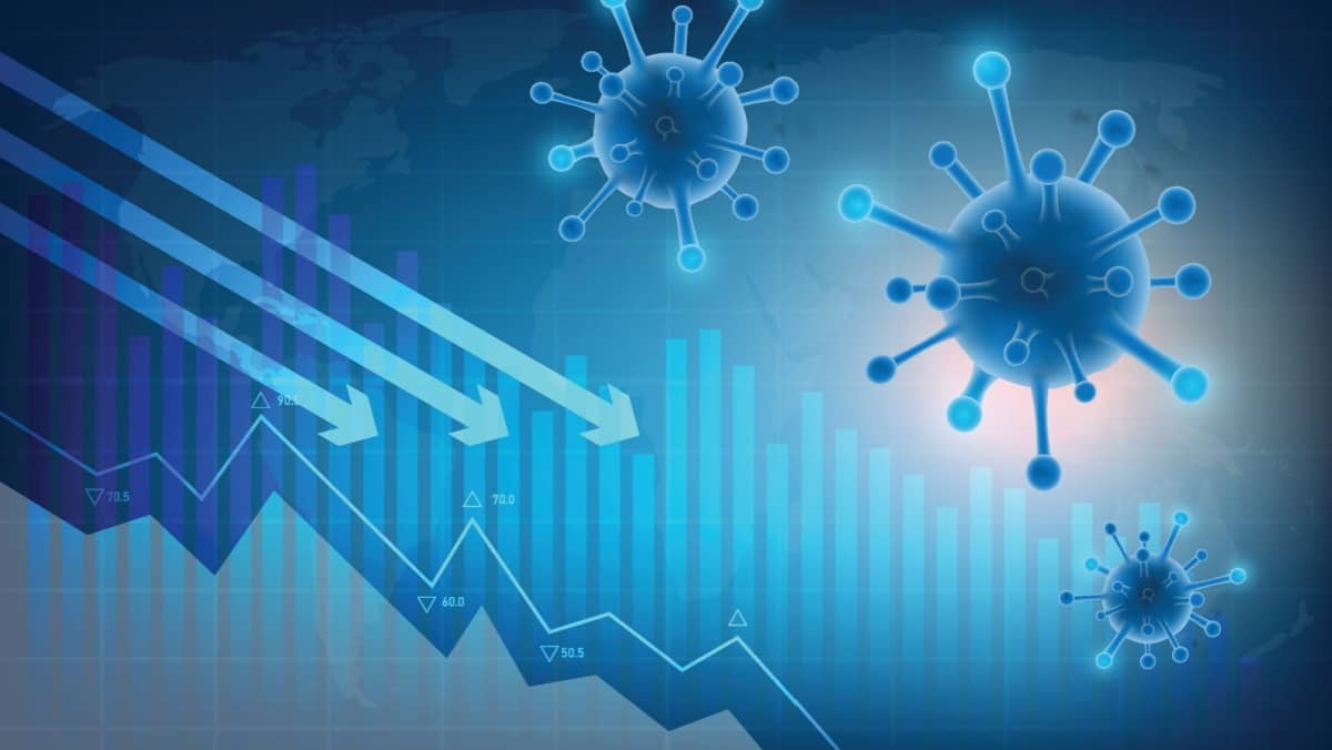 A bar graph displaying a decline pattern set against a blue background symbolizing the impact of COVID 19