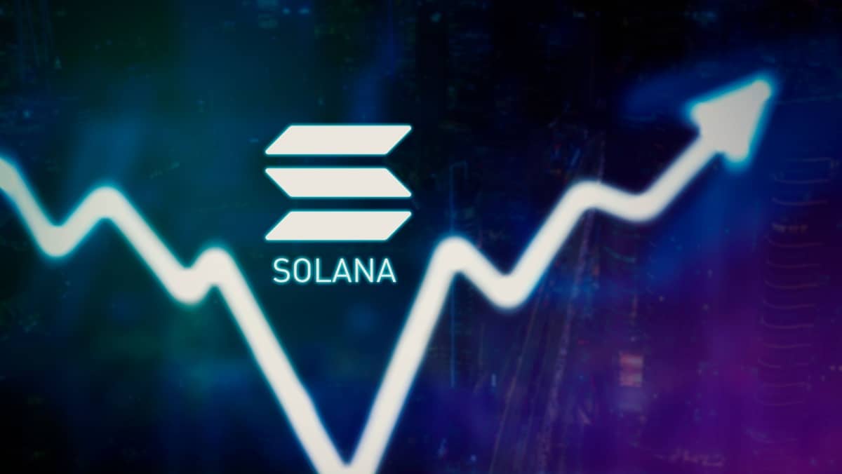 Close up focus on an ascending arrow and Solana icon set against a virtual screen