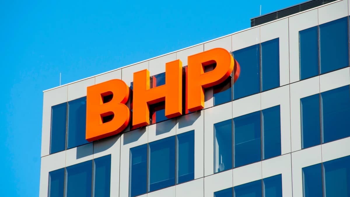 Zoomed in perspective capturing the BHP logo on a tall building