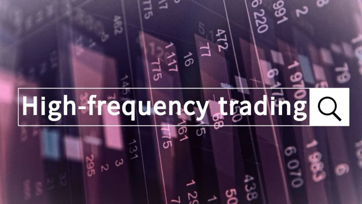 A search bar displaying the query High frequency trading, with financial data subtly visible behind