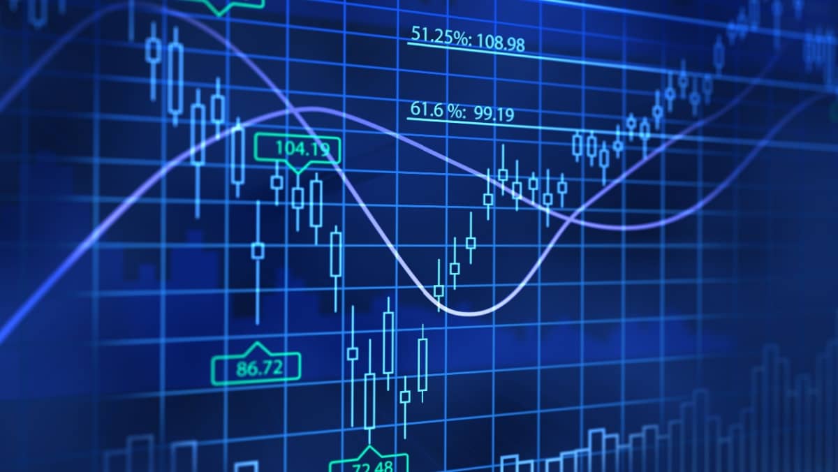 Digital artwork featuring a blue colored trading chart with a candlestick pattern trade lines graphs and asset prices