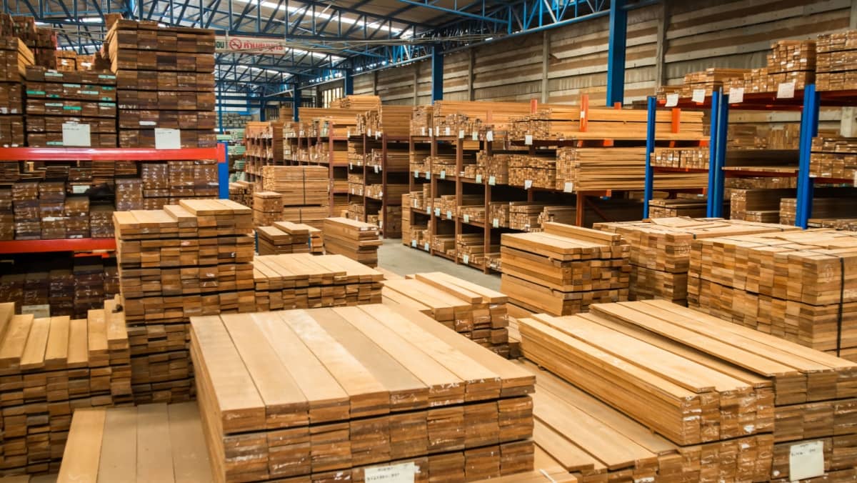 Piled lumber near a lumber mill waiting for shipping