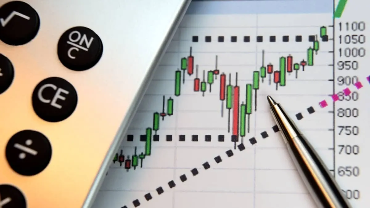 Focus on a financial chart indicating market growth alongside a calculator and pen