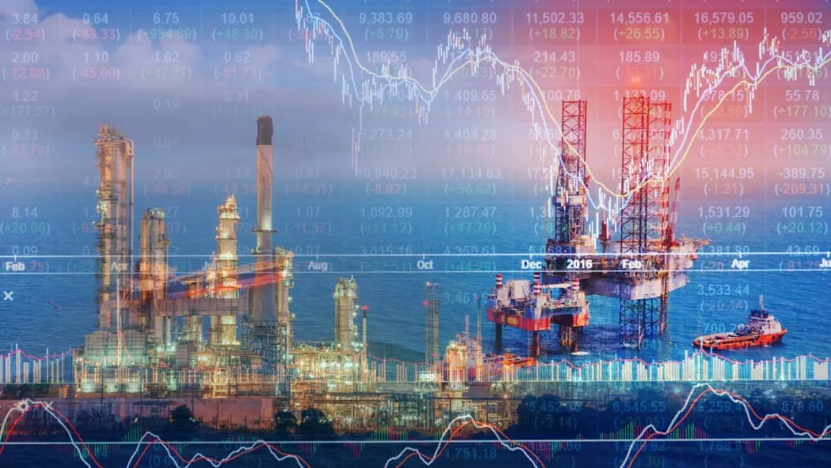 A stock market concept featuring an oil rig in the Gulf and an industrial backdrop of an oil refinery