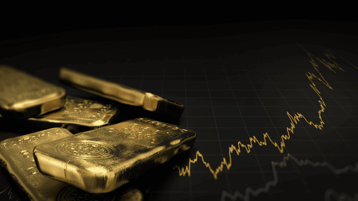 A 3D illustration featuring gold ingots against a black background with a chart