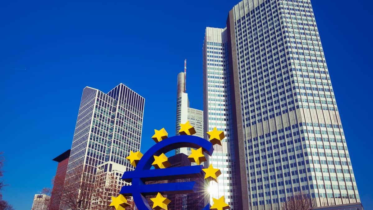 Business and finance concept with giant Euro sign at European Central Bank