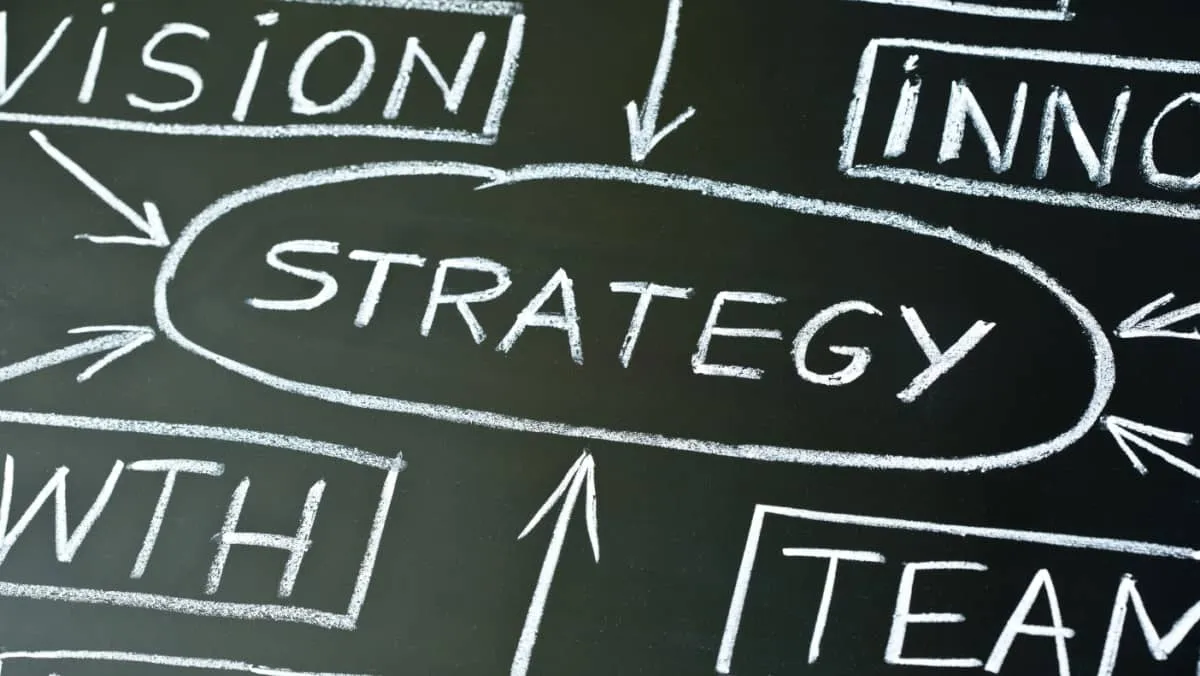 Close up of business strategy flow chart on blackboard