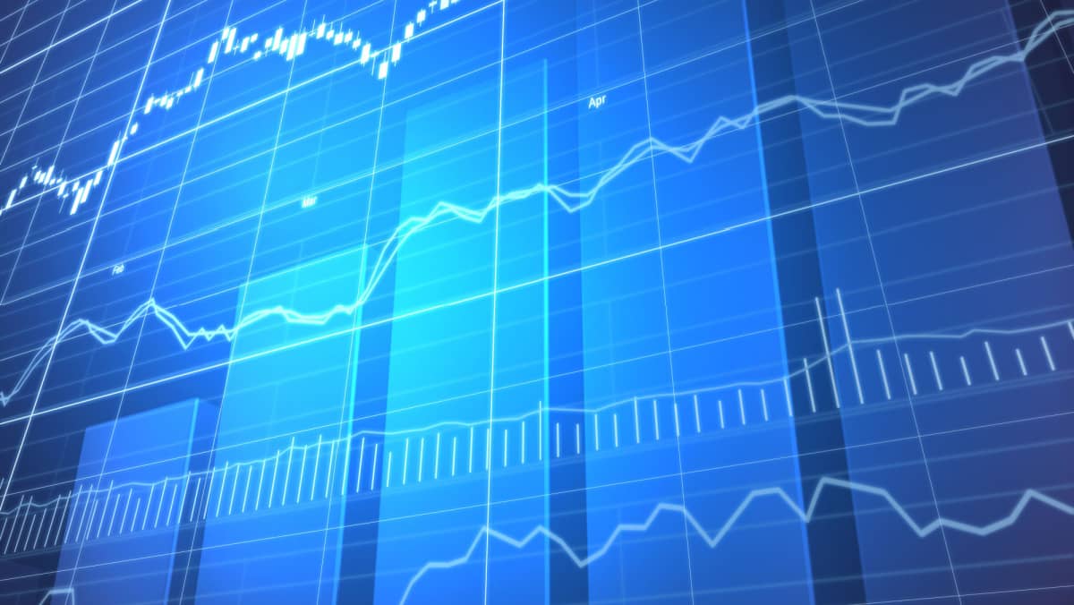 Stock market graph and bar chart in shades of blue depicting financial trends