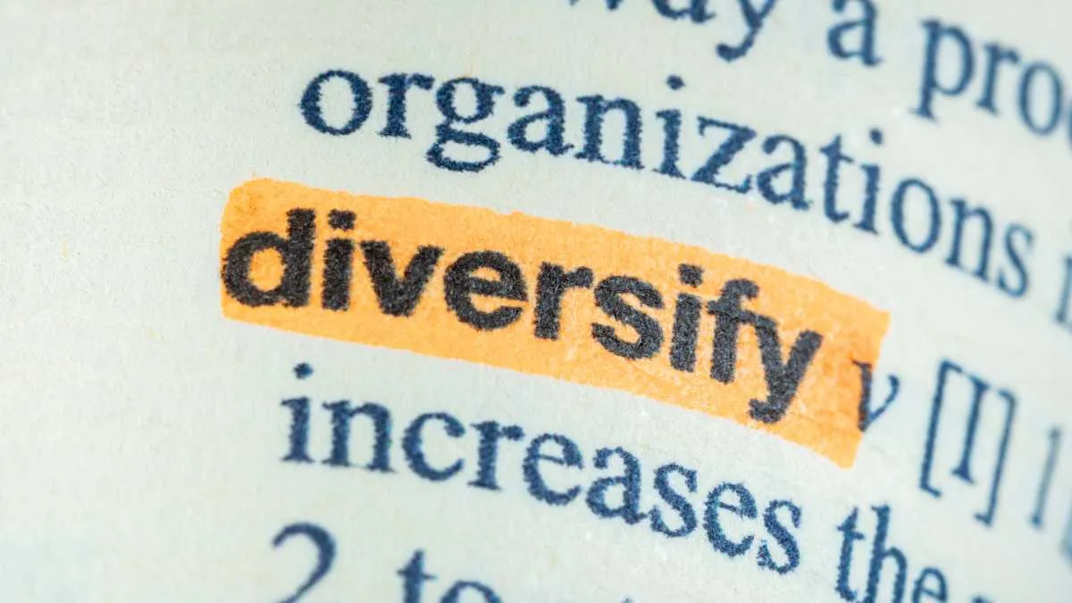 The word  diversify  highlighted in orange on a printed page