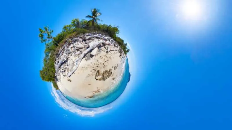 Tiny planet panorama of a tropical island with blue sky