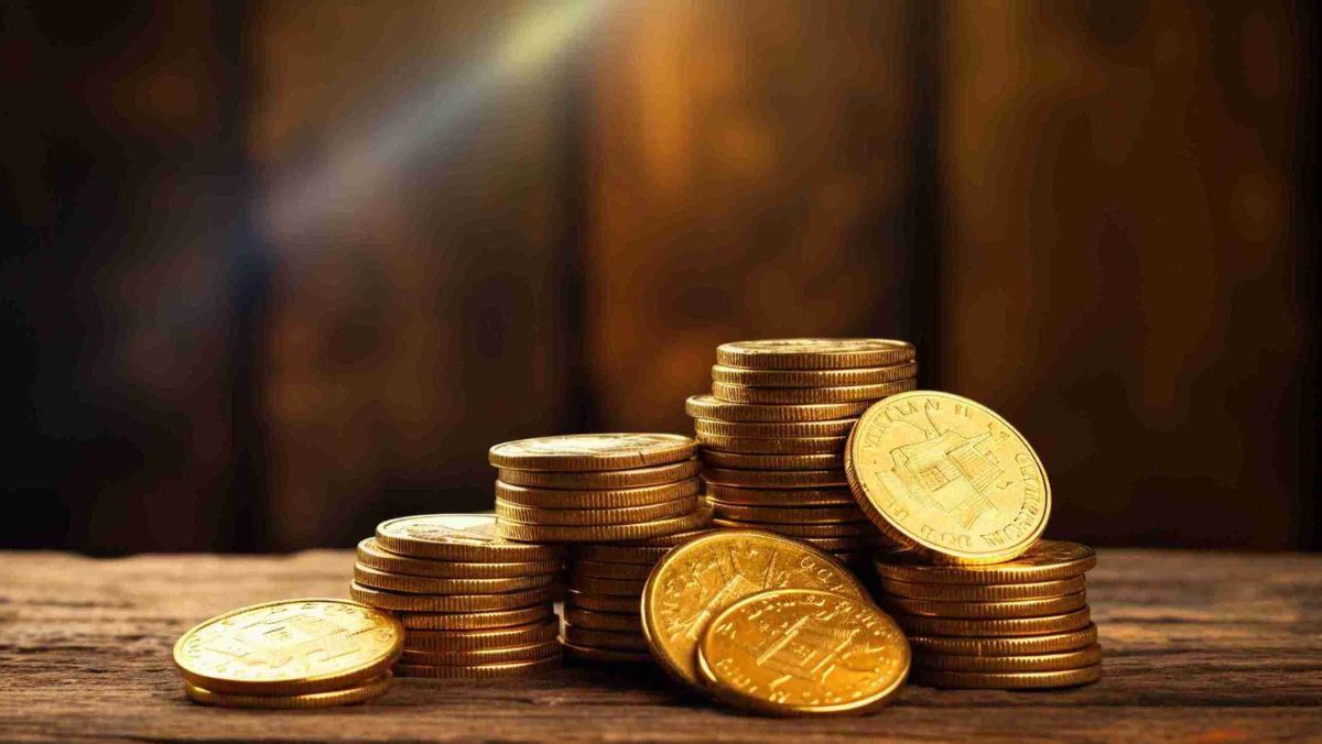 Wooden table adorned with an orderly stack of gold coins