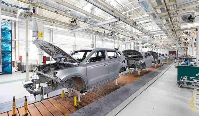 Automobiles on a production line in a manufacturing plant