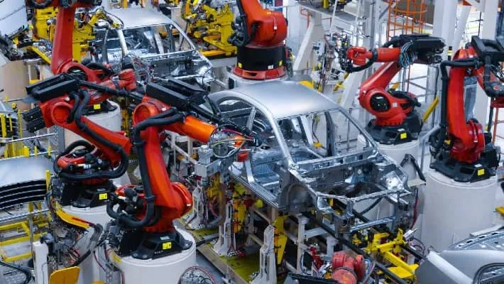 Robotic arms assembling a car in an automotive factory