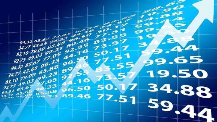 Stock prices with a zigzag arrow fluctuating in an upward and downward direction