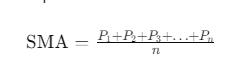 mathematical formula for calculating the Simple Moving Average (SMA).