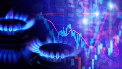 Visual representation of natural gas cost growth combining images of gas burners and ascending stock charts