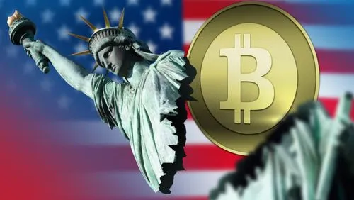 bitcoin symbol and Statue of Liberty