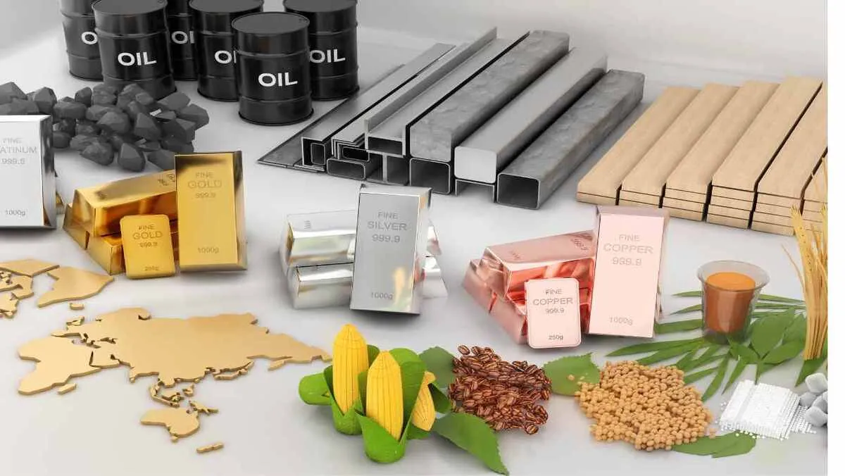 Various commodities displayed: oil, metals, grains, and gold bars on a map.